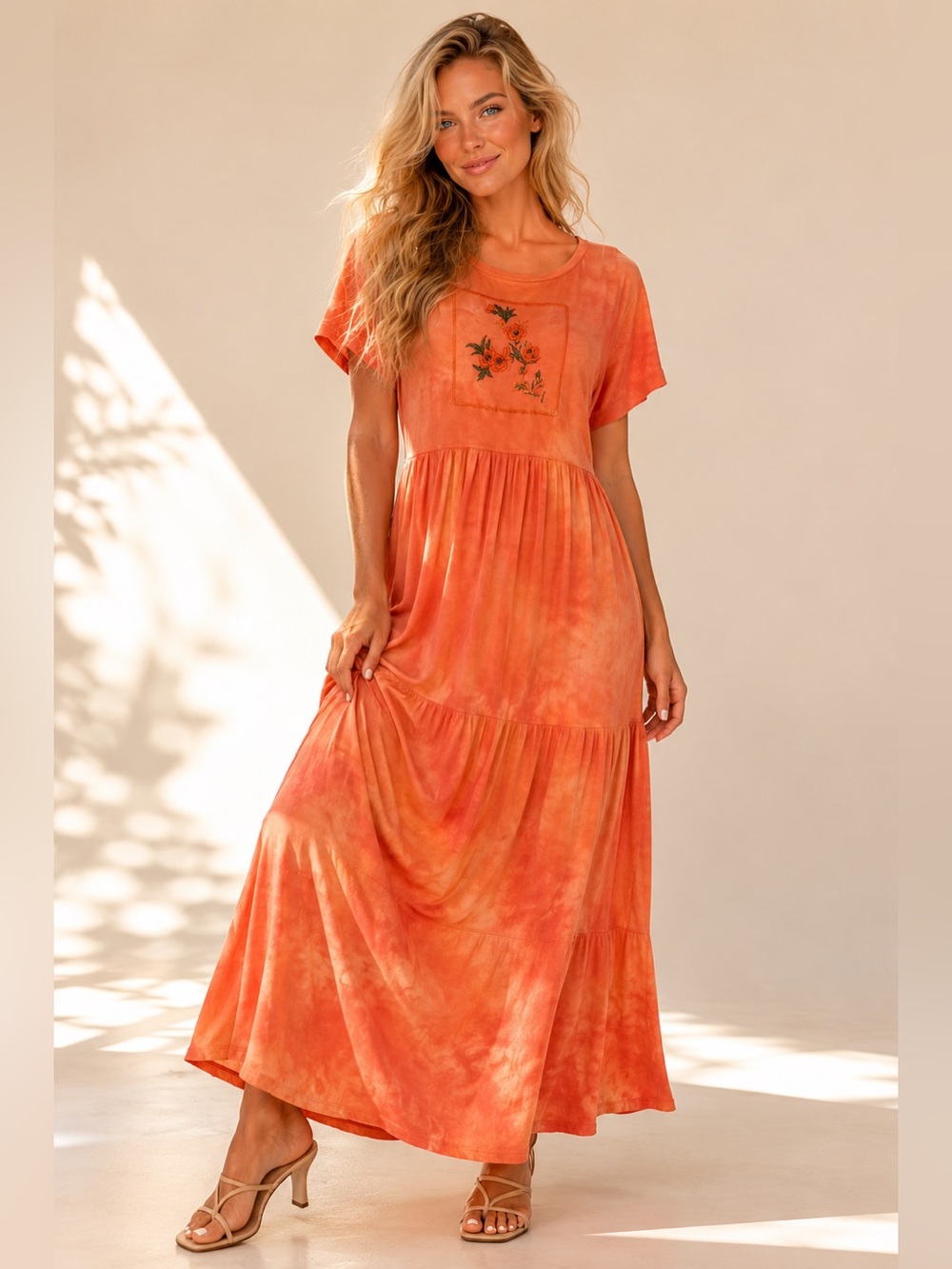 Vintage Bonnie Evans Orange Tie Dye Embroidered Boho Maxi Dress Y2k Boho Indie L